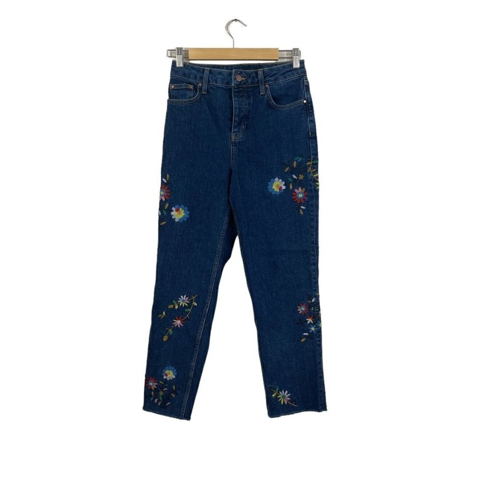 Boden Denim 4 Jeans Straight Leg Embroidered Floral Boho Blue Button Fly Womens